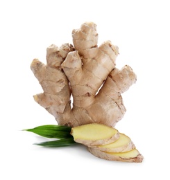 Photo of Whole and cut fresh ginger with leaves isolated on white