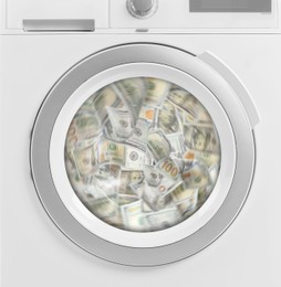 Money laundering. Many dollar banknotes in washing machine