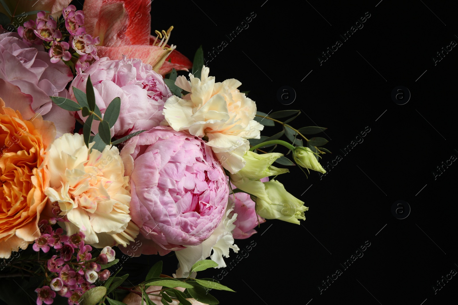 Photo of Beautiful bouquet of fresh flowers on dark background