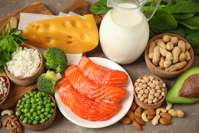 Photo of Different products rich in protein on table, closeup