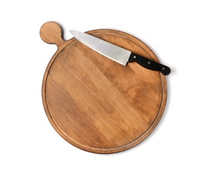 Sharp chef's knife with wooden board isolated on white, top view