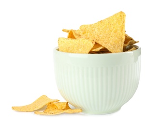 Bowl with tasty Mexican nachos chips on white background