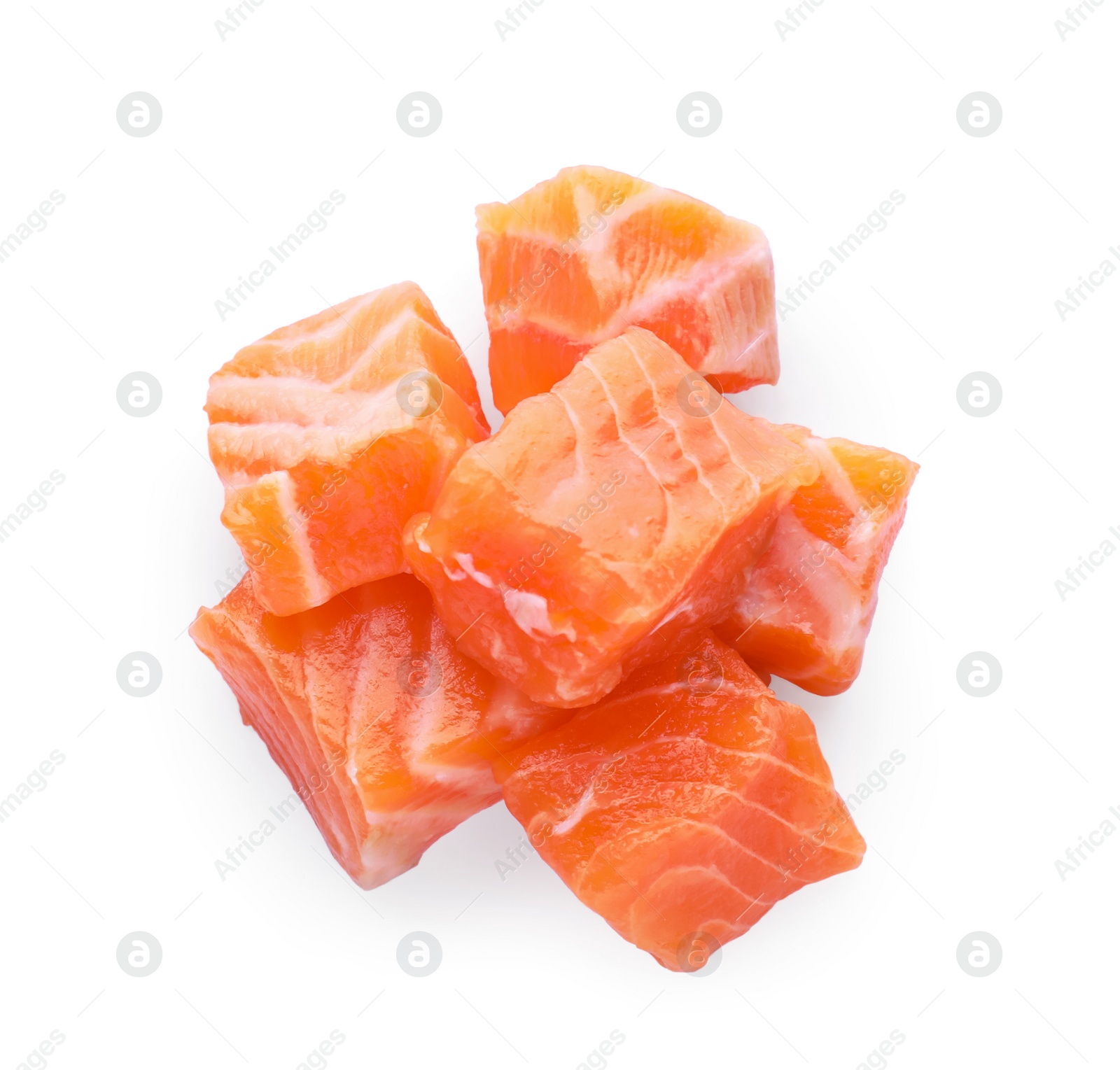 Photo of Pieces of fresh raw salmon on white background, top view