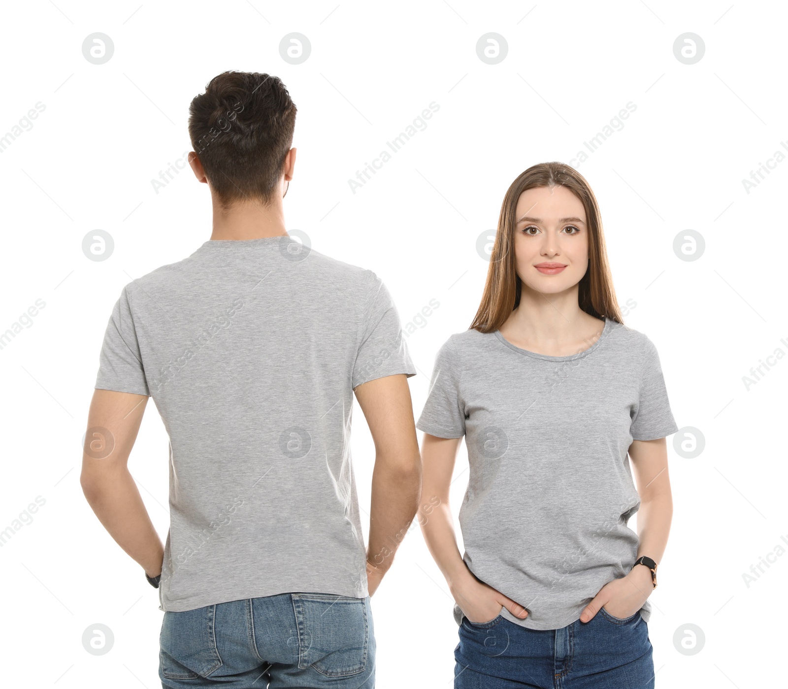 Photo of Young people in t-shirts on white background. Mock up for design