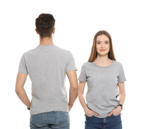 Young people in t-shirts on white background. Mock up for design