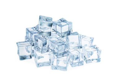 Crystal clear ice cubes isolated on white