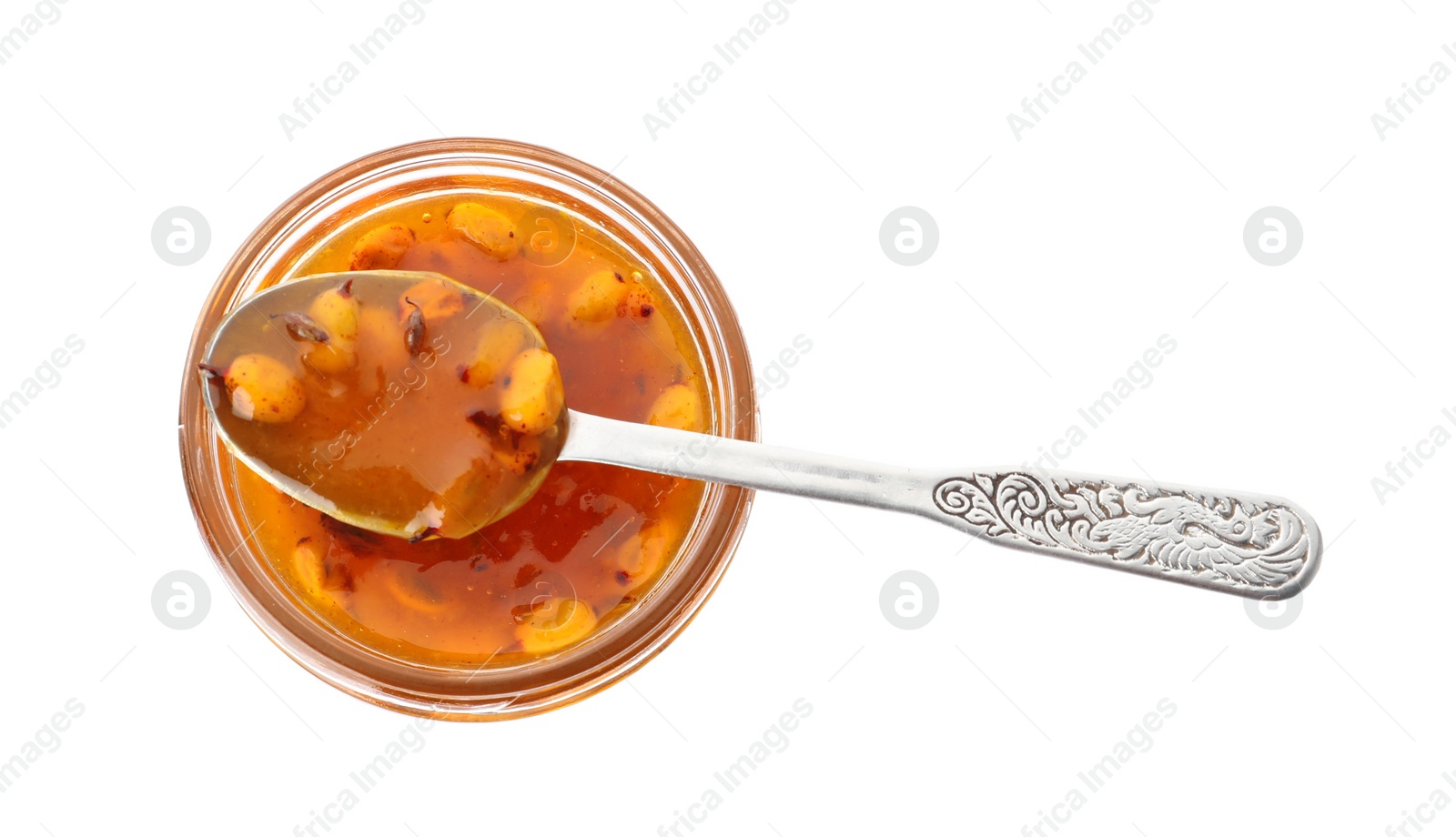 Photo of Delicious sea buckthorn jam in jar and spoon isolated on white, top view