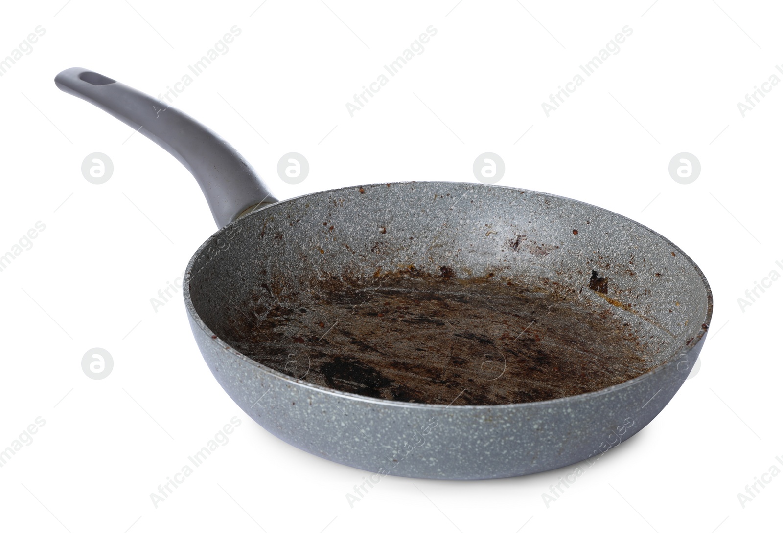 Photo of Dirty granite coating frying pan isolated on white