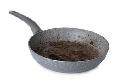 Photo of Dirty granite coating frying pan isolated on white