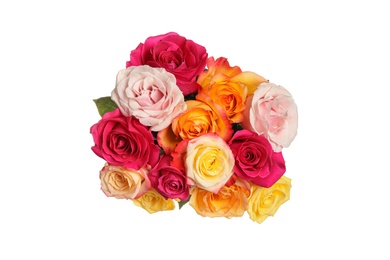 Luxury bouquet of fresh roses isolated on white, top view