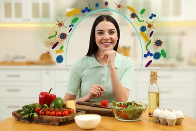 Happy woman with different food products in kitchen. Healthy diet - strong immunity