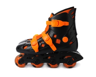 Pair of inline roller skates on white background