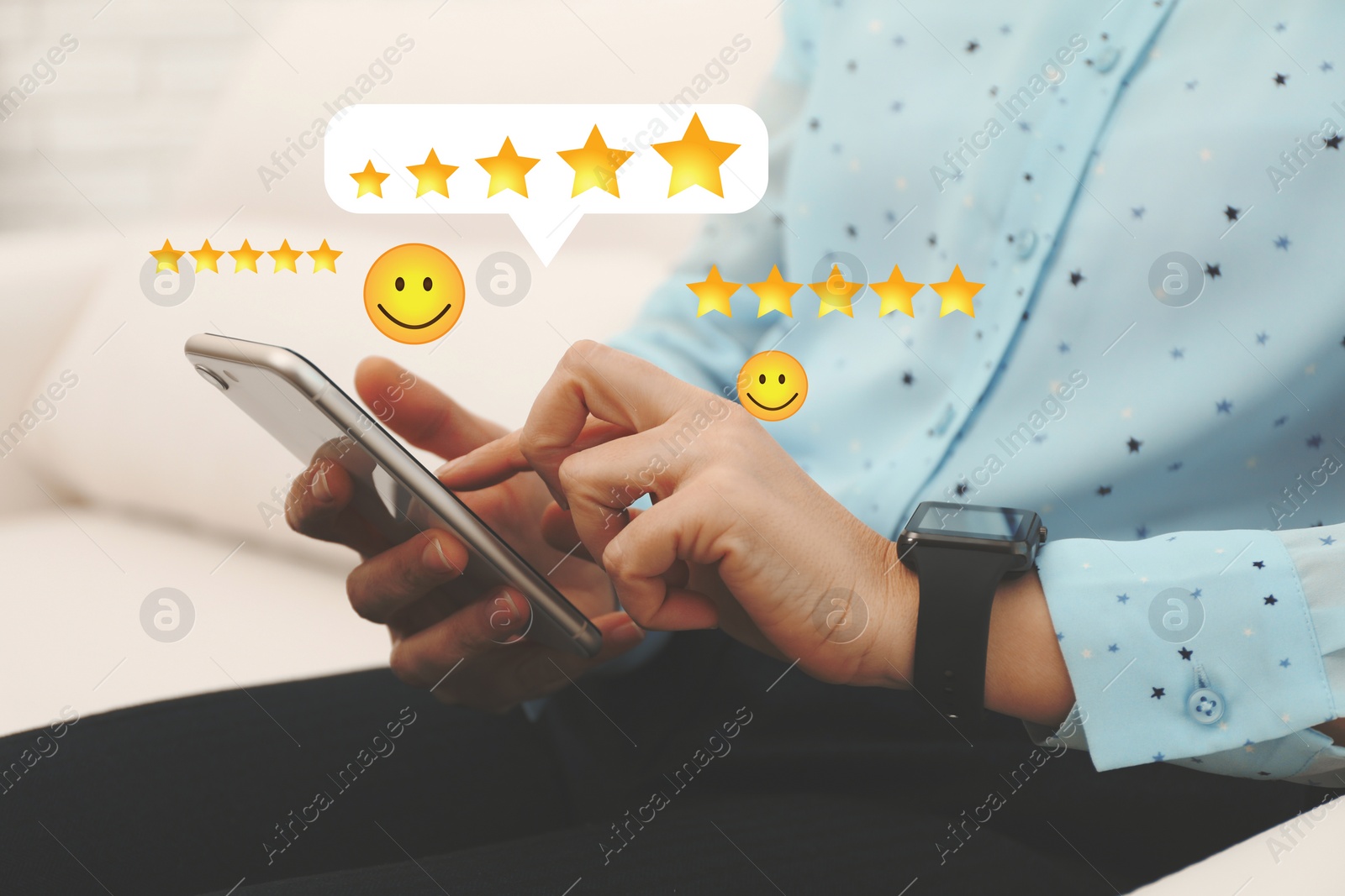 Image of Woman leaving service feedback with smartphone at home, closeup. Stars and emoticons over device