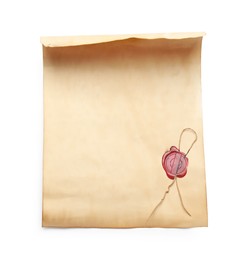 Photo of Sheet of old parchment paper with wax stamp isolated on white, top view. Space for design