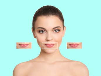 Image of Attractive woman with beautiful lips on cyan background. Zoomed areas showing difference in lip fullness due to cosmetic procedure