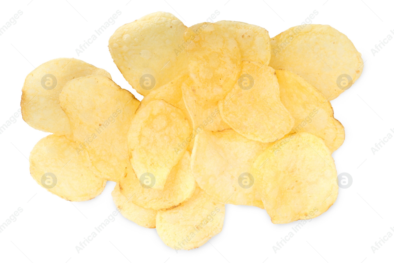 Photo of Heap of delicious potato chips on white background, top view