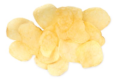 Heap of delicious potato chips on white background, top view