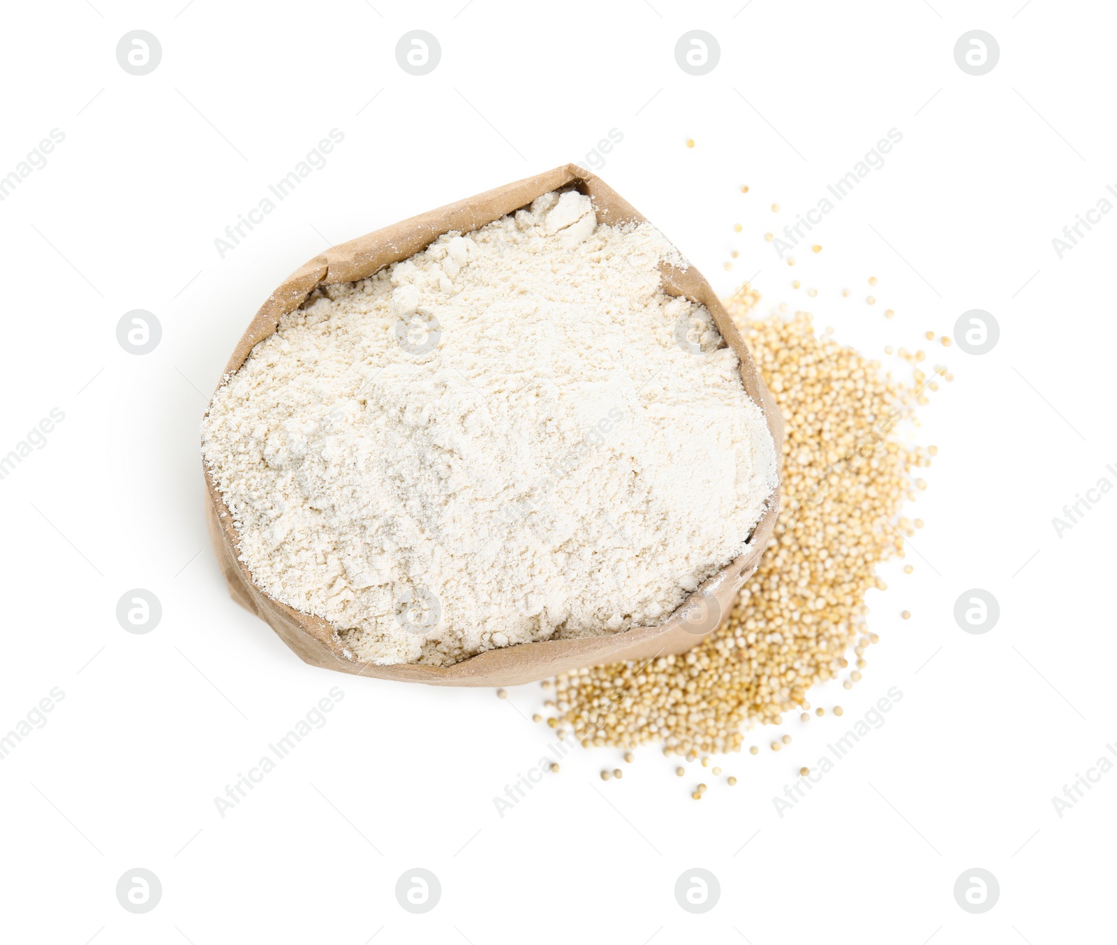 Photo of Paper bag with quinoa flour and grains isolated on white, top view