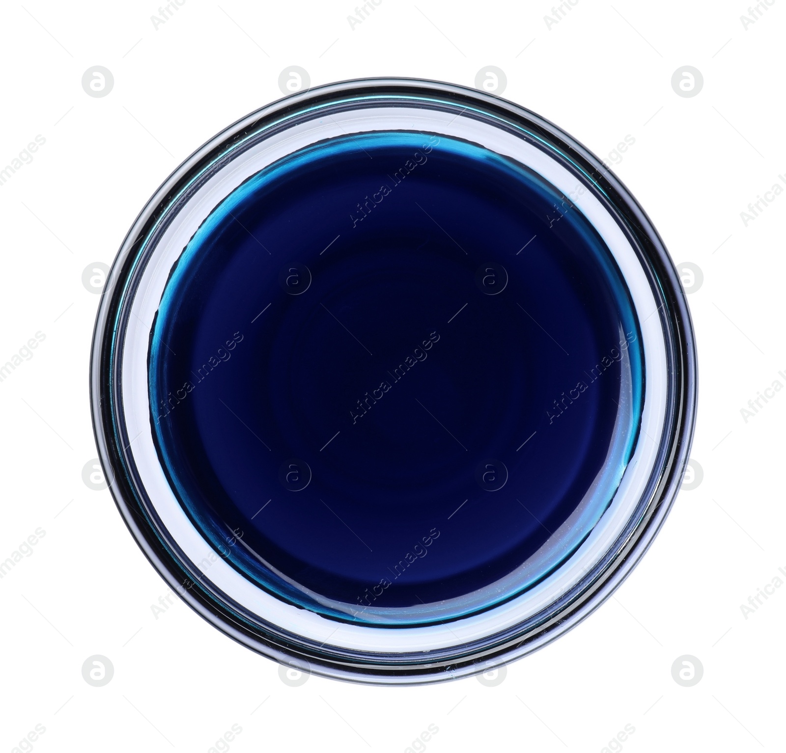 Glass bowl with blue food coloring isolated on white, top view Photo of Glass bowl with blue food coloring isolated on white, top view