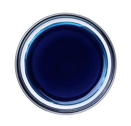 Photo of Glass bowl with blue food coloring isolated on white, top view