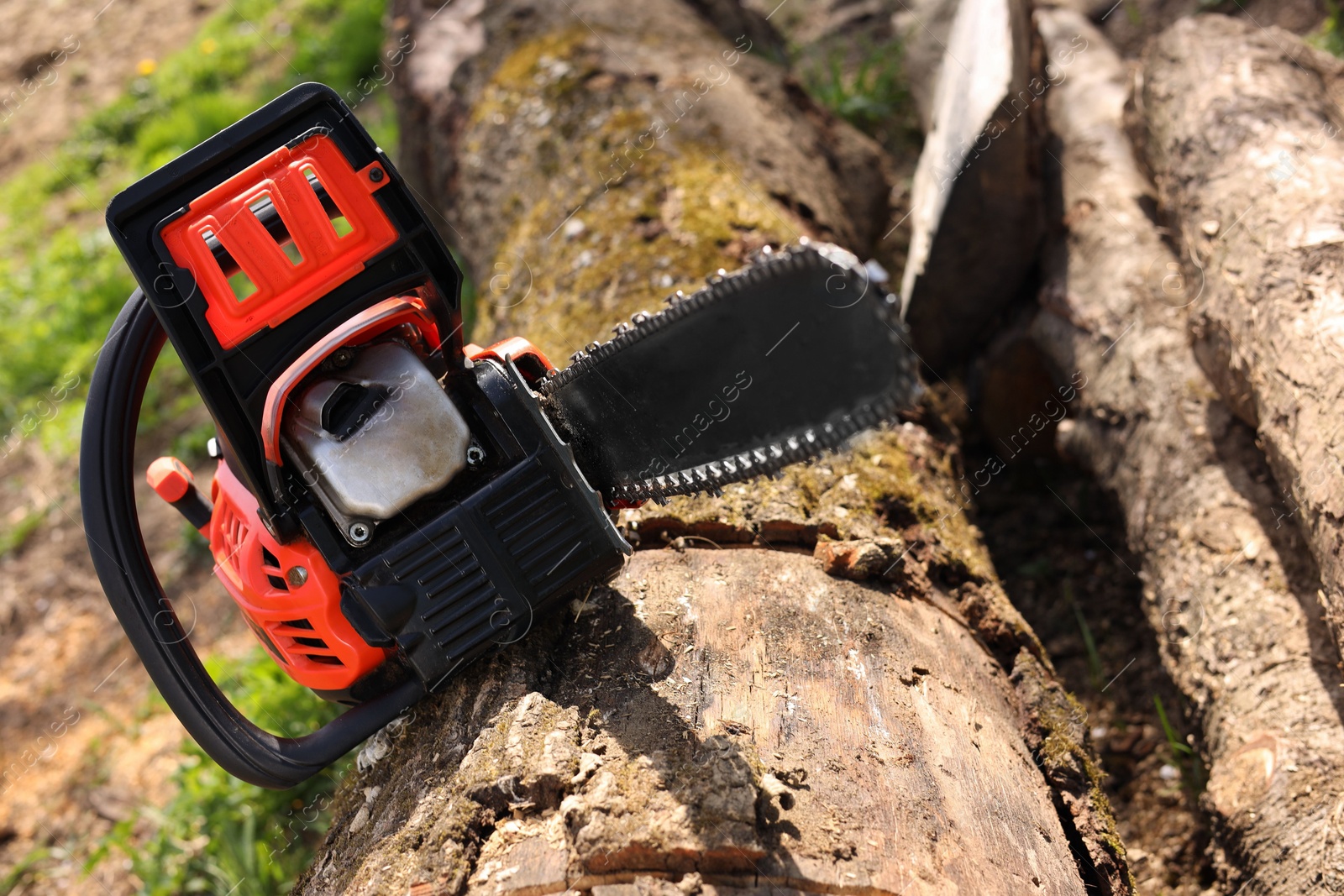 Photo of One modern saw on wooden log outdoors