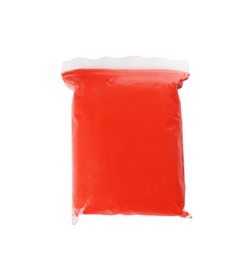 Photo of Package of red play dough isolated on white, top view