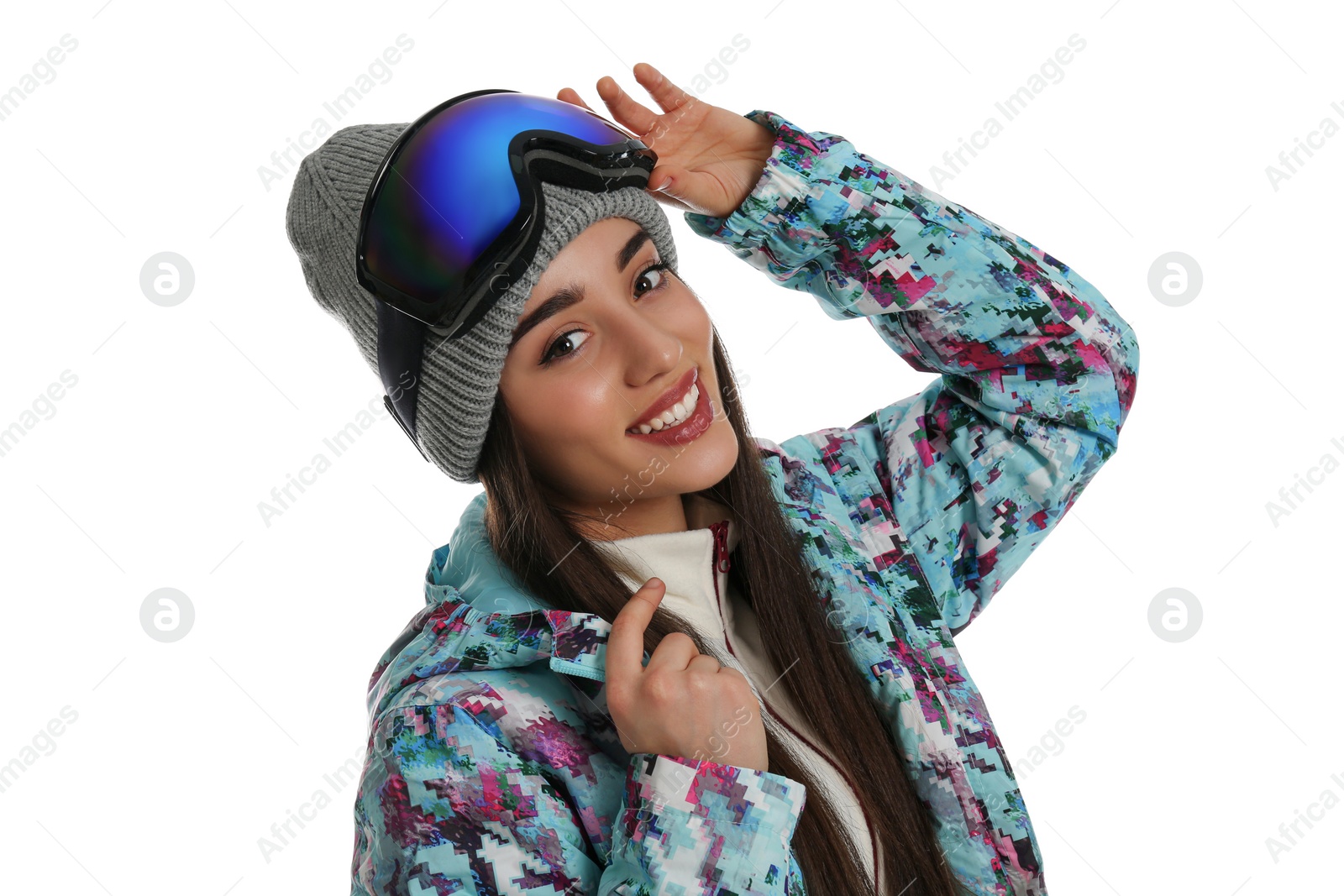 Photo of Woman wearing stylish winter sport clothes on white background