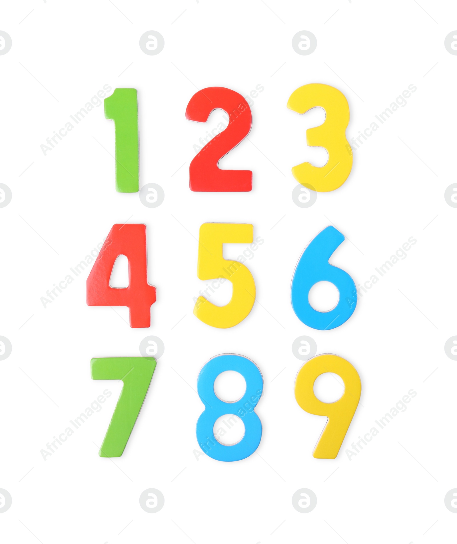 Photo of Colorful numbers on white background, top view