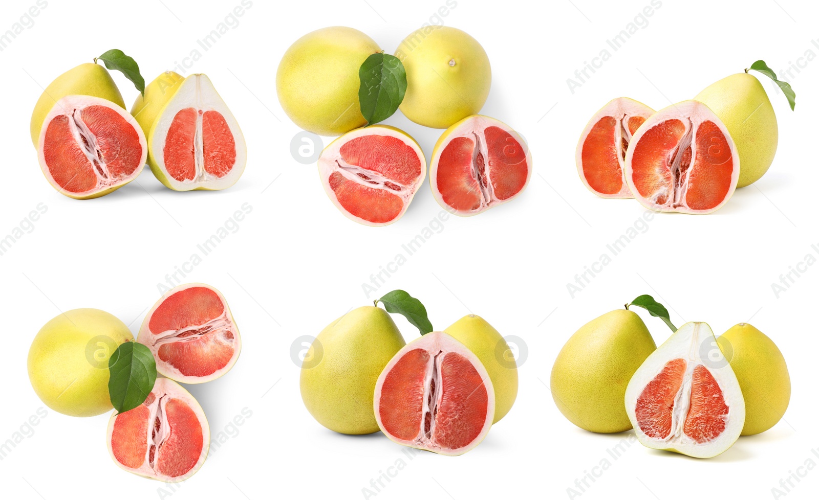 Image of Collage with fresh pomelo fruits on white background