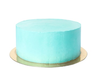 Fresh delicious birthday cake on white background