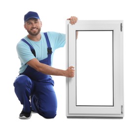 Worker with plastic window on white background. Installation service