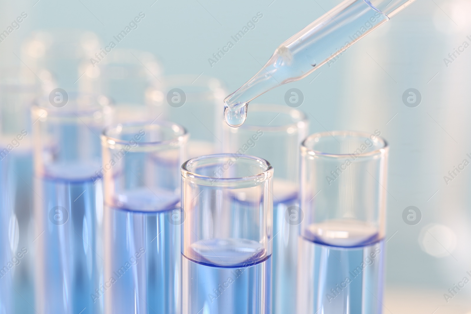 Photo of Laboratory analysis. Dripping light blue liquid from pipette into glass test tube on blurred background, closeup