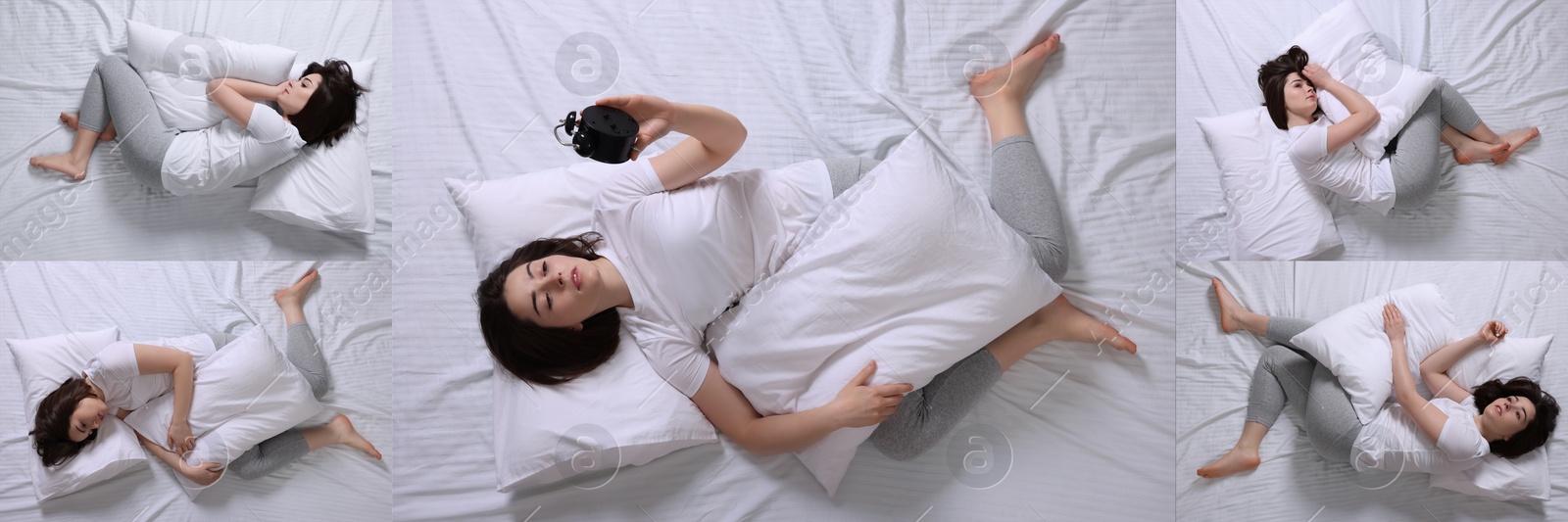 Image of Woman suffering from insomnia, set of photos. Sleep disorder