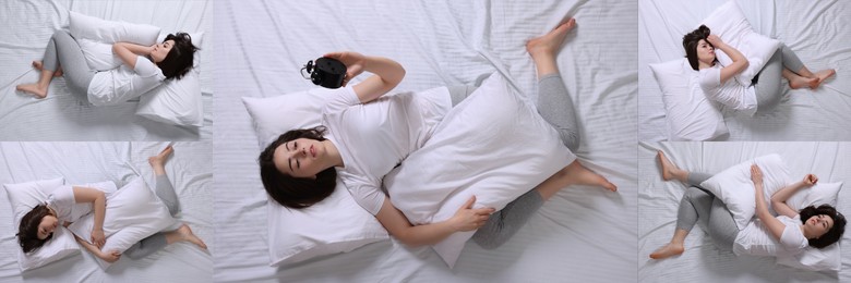 Image of Woman suffering from insomnia, set of photos. Sleep disorder