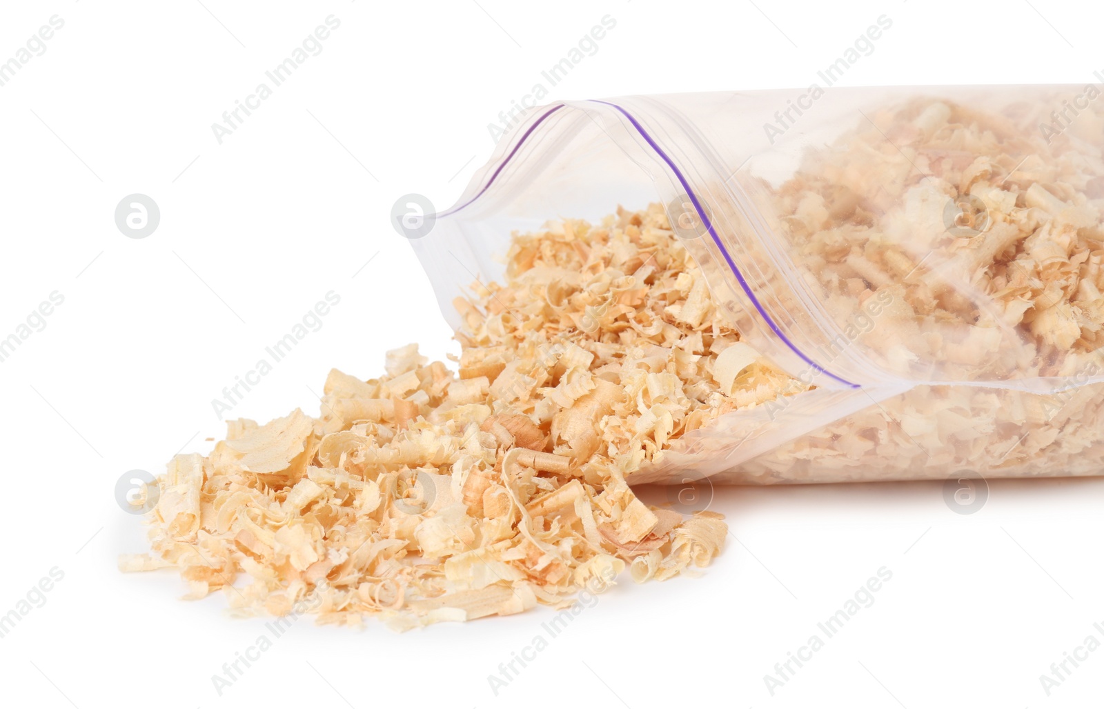 Photo of Natural sawdust with zip bag isolated on white