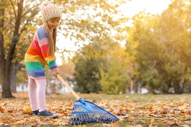 Cute girl cleaning fallen leaves with rake, outdoors. Autumn work