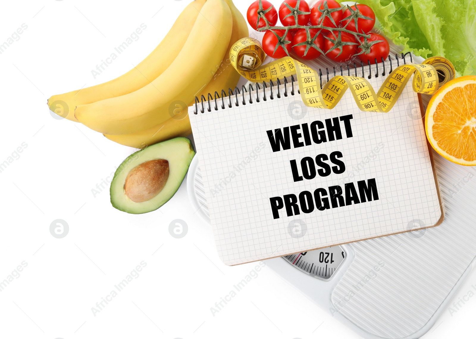 Photo of Notebook with phrase Weight Loss Program, measuring tape, scales and products on white background, top view