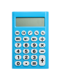 Photo of Modern calculator isolated on white, top view. School stationery