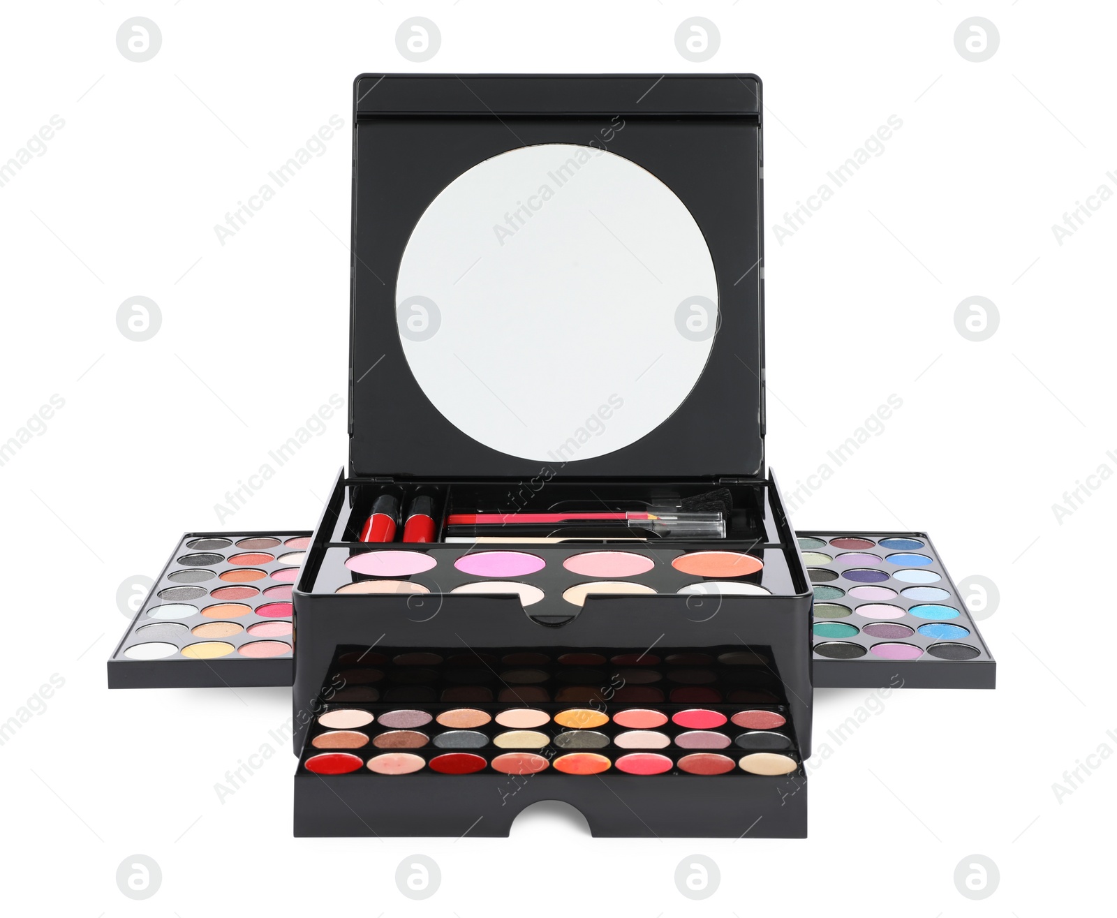 Photo of Large makeup case with different decorative cosmetics and mirror isolated on white
