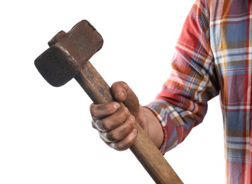 Photo of Man with sledgehammer on white background, closeup