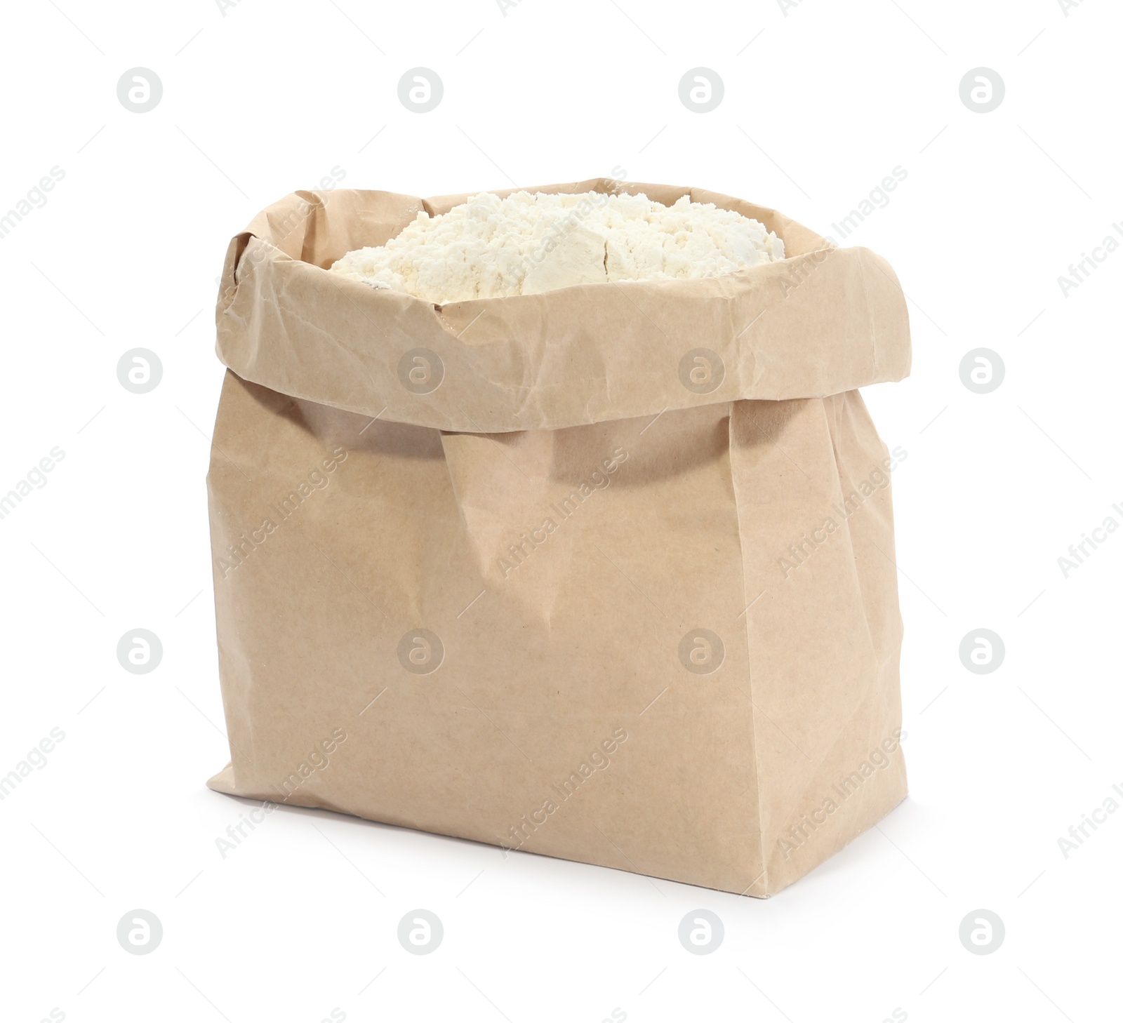 Photo of Organic flour in paper bag isolated on white