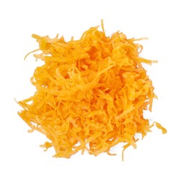 Photo of Pile of fresh grated carrot on white background, top view