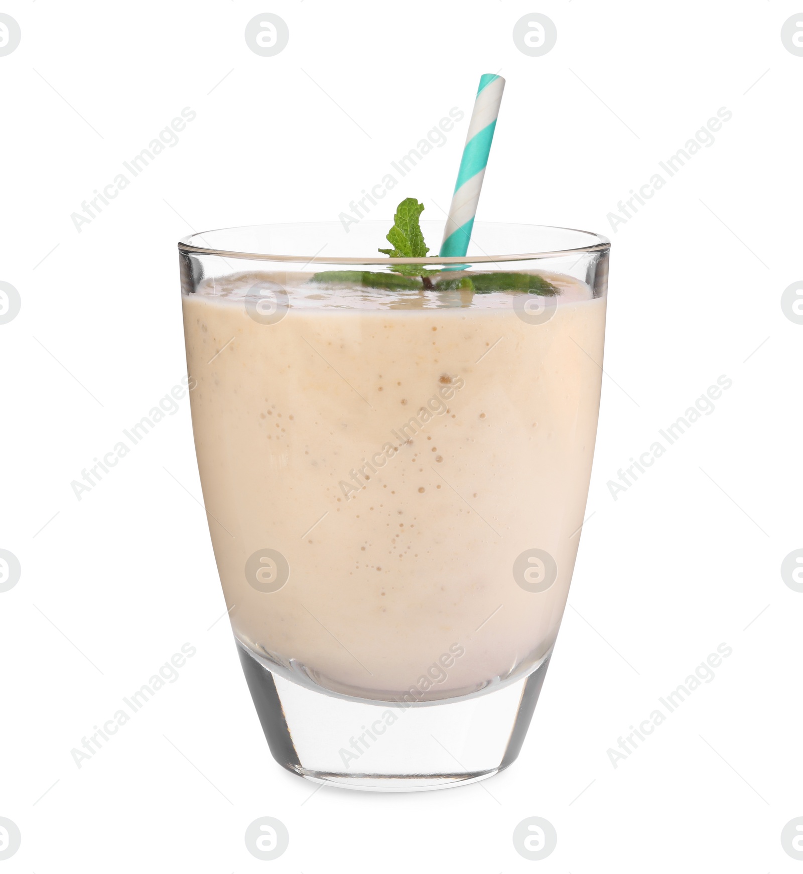 Photo of Glass with banana smoothie on white background