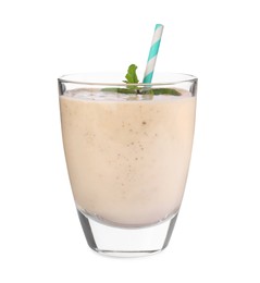 Photo of Glass with banana smoothie on white background