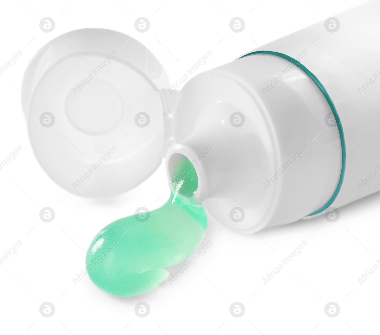 Photo of Tube with toothpaste on white background. Dental care