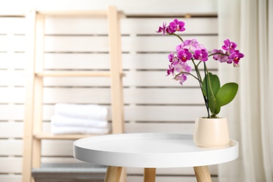 Photo of Flowerpot with blooming orchid on table indoors, space for text