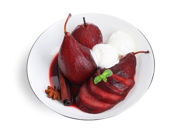 Photo of Tasty red wine poached pears and ice cream in bowl isolated on white