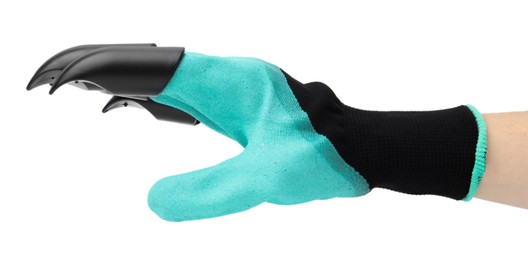 Woman in claw gardening glove on white background, closeup
