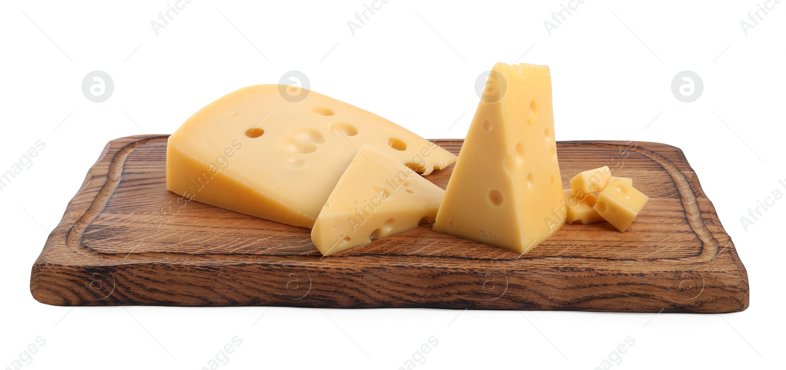 Photo of Cut fresh delicious cheese isolated on white