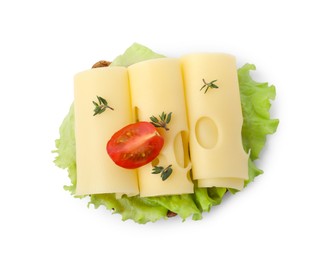 Photo of Tasty sandwich with slices of fresh cheese, tomato, thyme and lettuce isolated on white, top view
